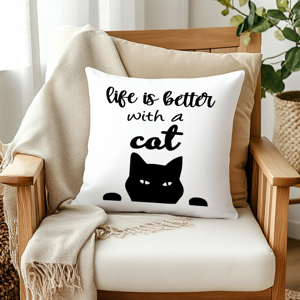 Black Cat Pillow Covers 18x18. Cat Mom Lady Lover Gifts. Life is Better with