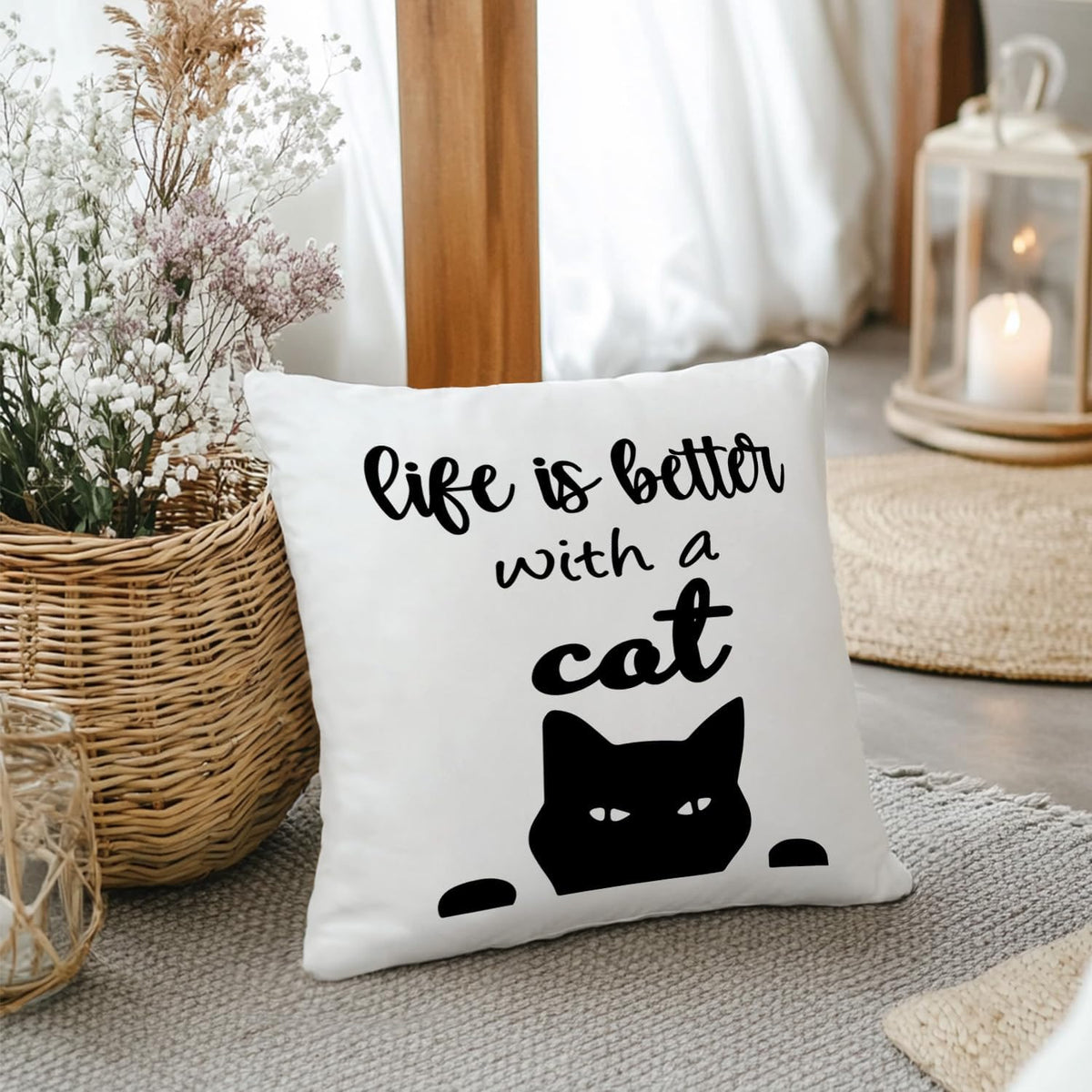 Black Cat Pillow Covers 18x18. Cat Mom Lady Lover Gifts. Life is Better with