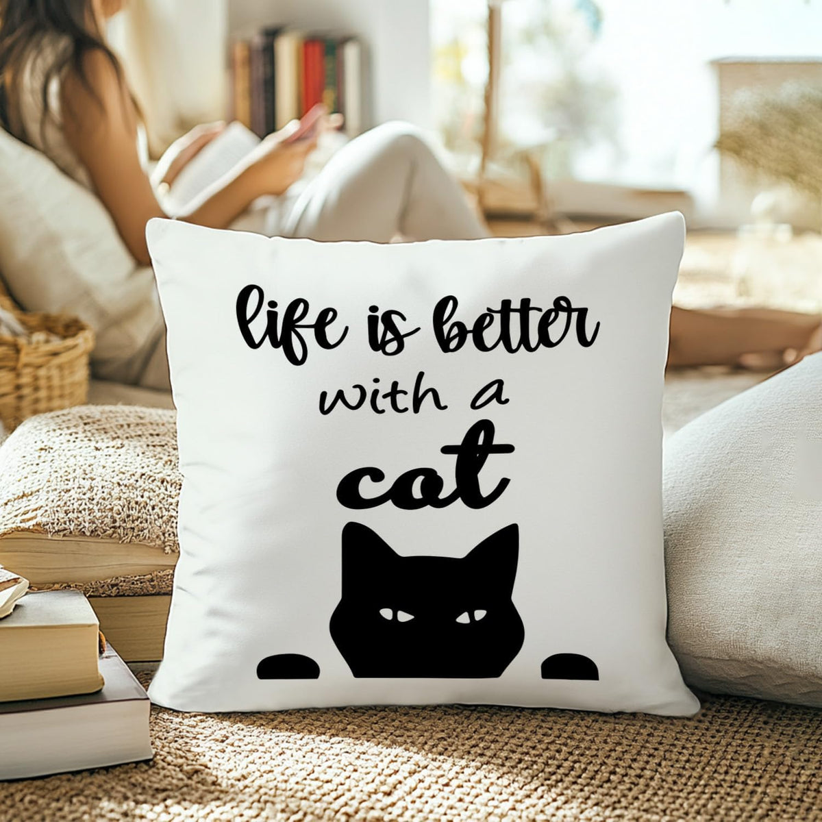 Black Cat Pillow Covers 18x18. Cat Mom Lady Lover Gifts. Life is Better with