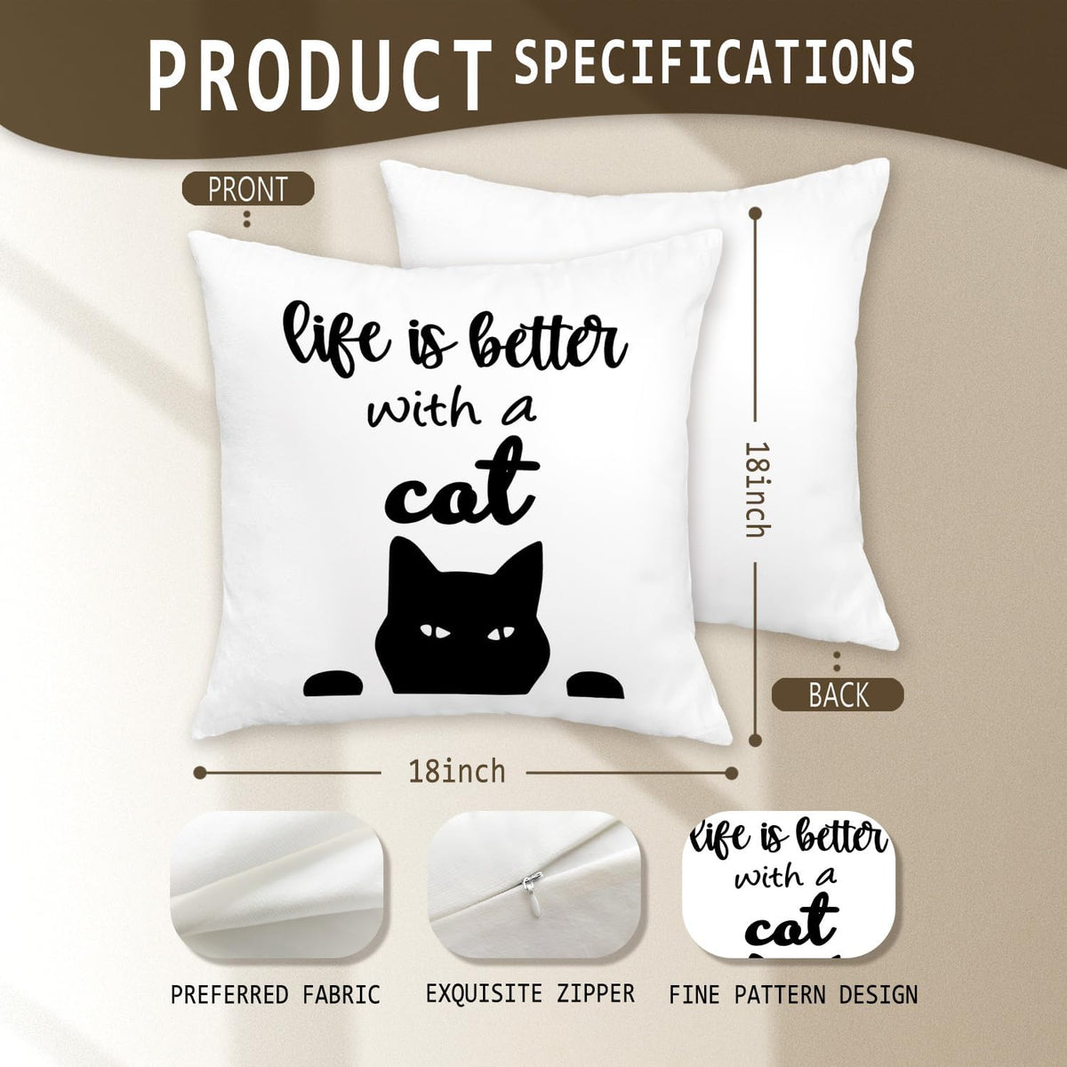 Black Cat Pillow Covers 18x18. Cat Mom Lady Lover Gifts. Life is Better with