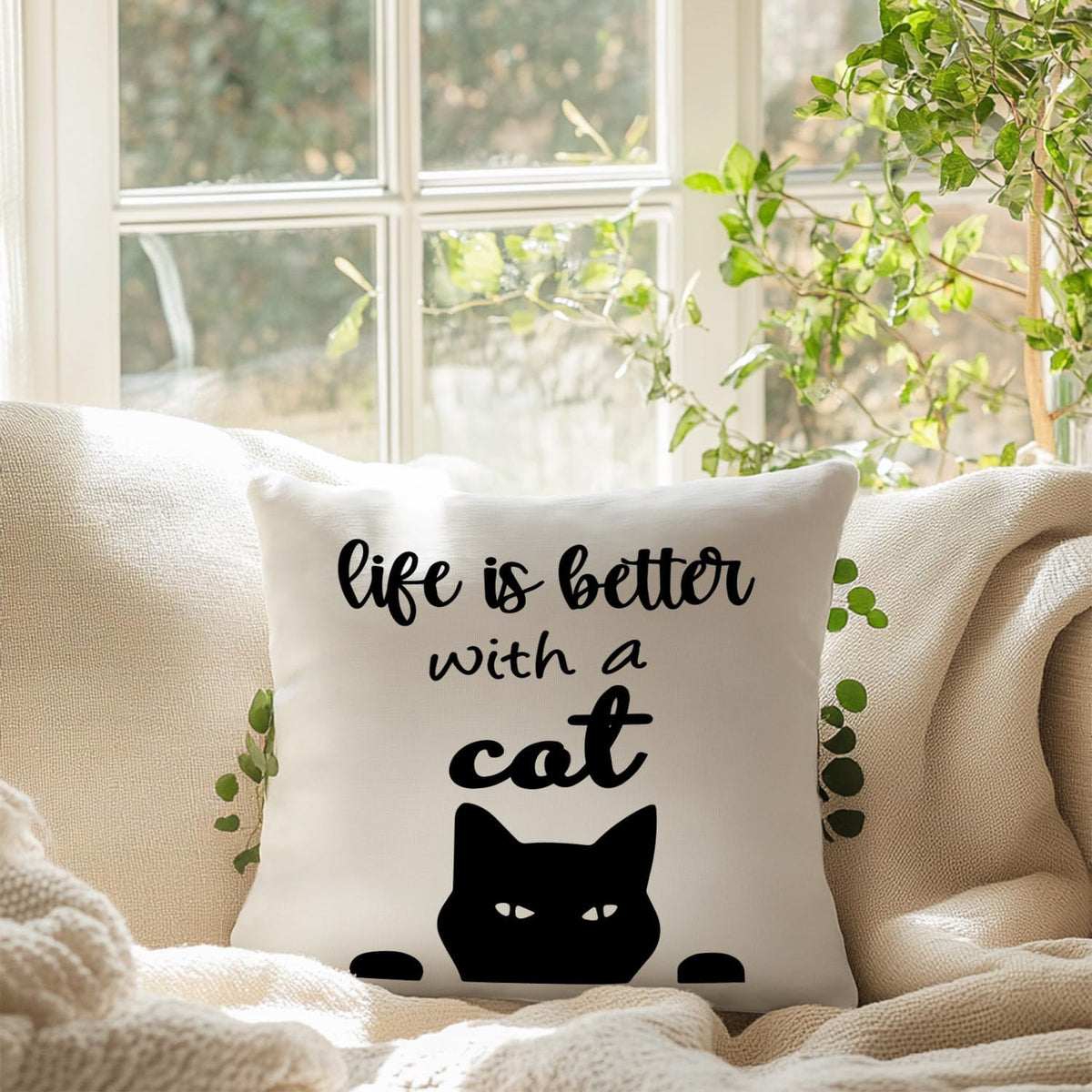 Black Cat Pillow Covers 18x18. Cat Mom Lady Lover Gifts. Life is Better with