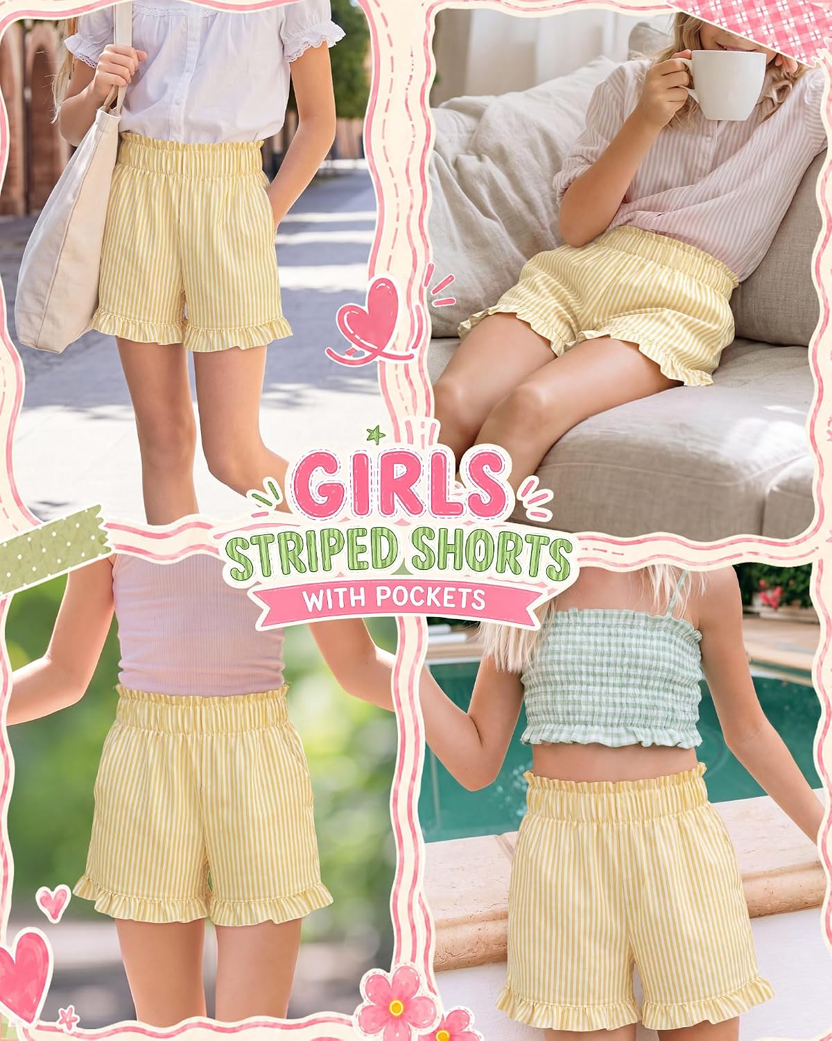 Lightweight. Checkered. Striped. Ruffle Hem. Summer. Elastic Waist.