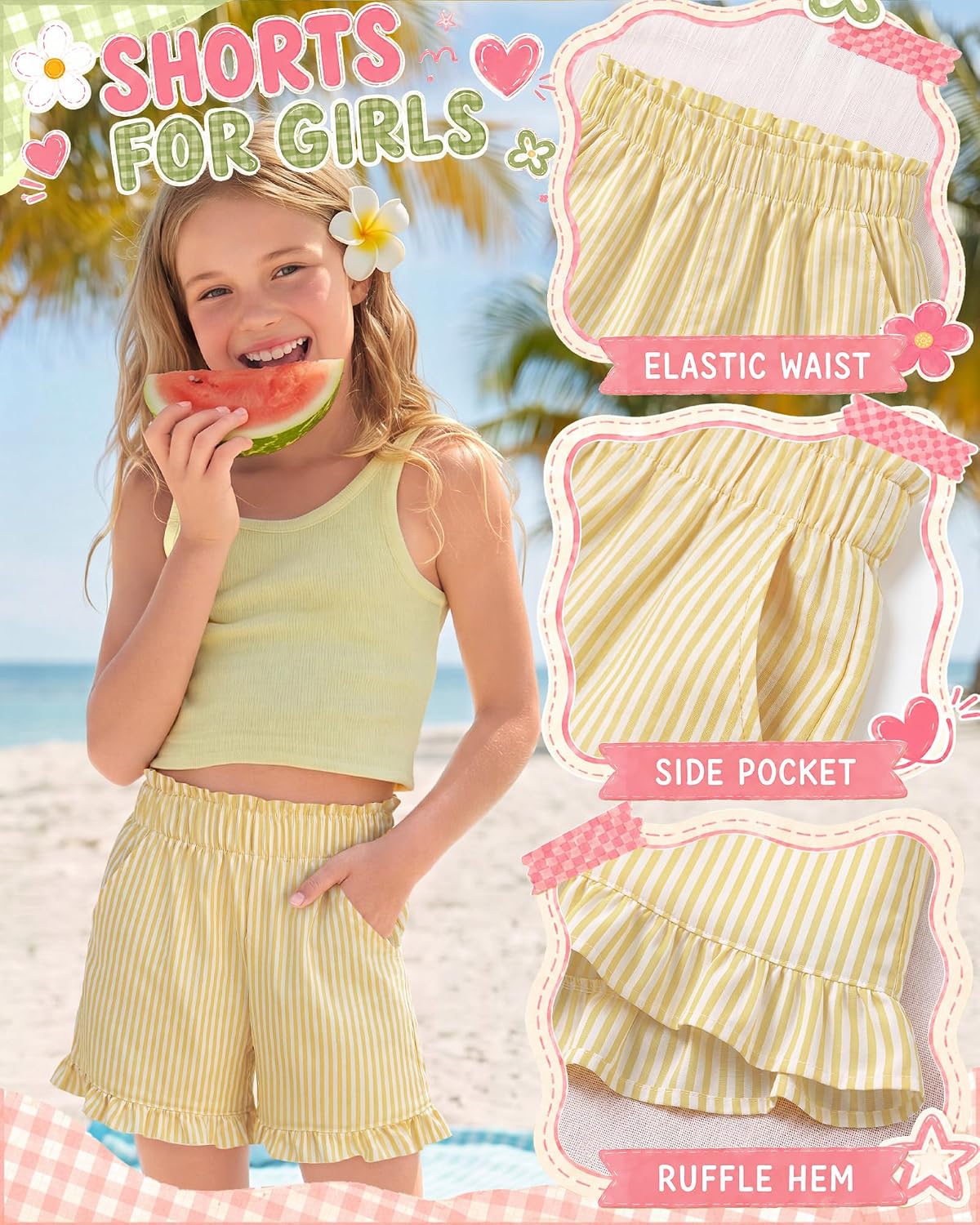 Lightweight. Checkered. Striped. Ruffle Hem. Summer. Elastic Waist.